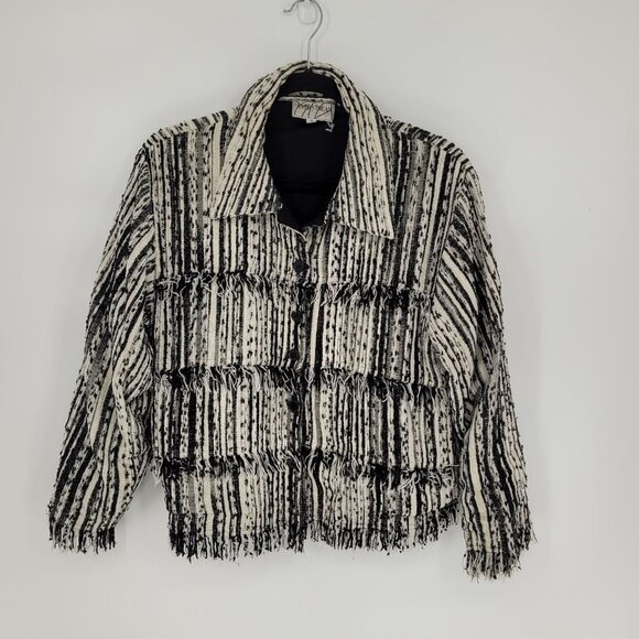 Silver stream womens small black white stripe dot tweed fringe button up jacket - Picture 11 of 11